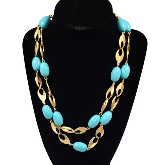 Vintage Gold-Tone & Turquoise Beaded Necklace With Matching Clip-On Earrings Set - Picture 6 of 16